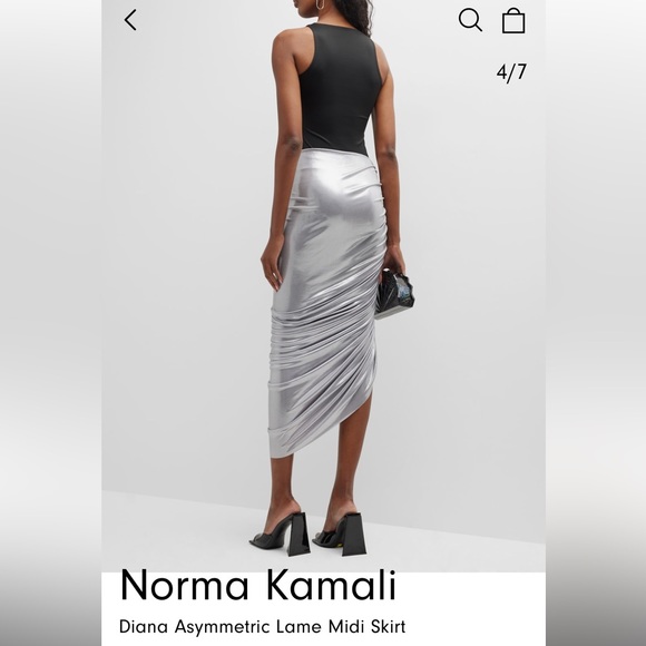 Norma Kamali NWT Diana shirred knee length skirt silver lame S. - Picture 2 of 6